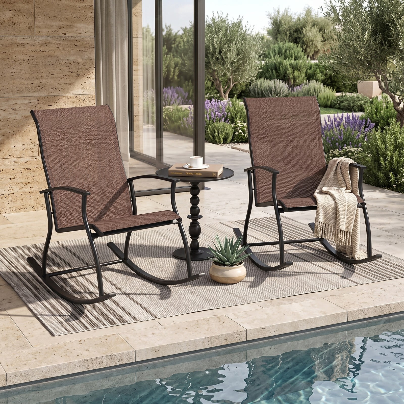 Furnibear Outdoor Rocking Chairs Set of 2 with Breathable Backrest and Rustproof Metal Frame for Backyard and Poolside, Brown