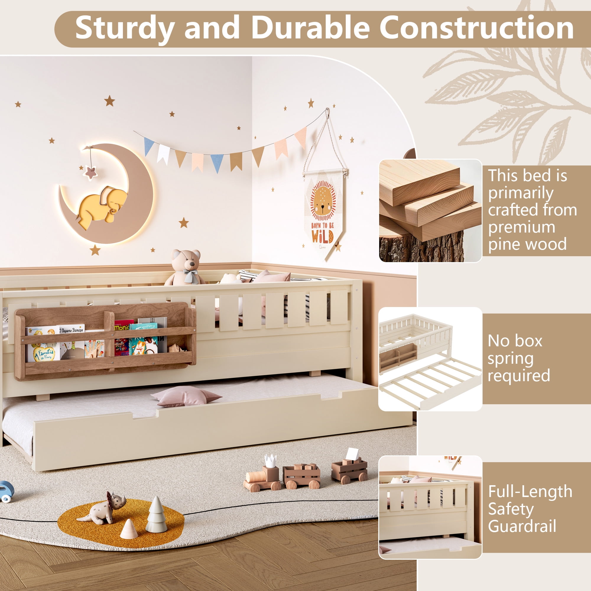 Twin Bed with Bookshelf and Trundle 79.1 Inch, Solid Wood Frame with Staircase and Safety Rails, Space-Saving Kids Bed with Storage, Beige