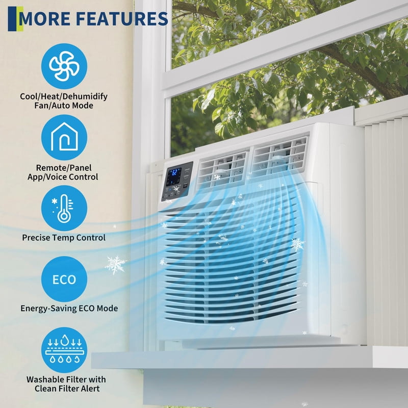 Window Air Conditioner 8000 BTU with Heat, Smart WiFi AC Unit, 4-in-1 Cooling & Heating, Remote & Alexa/Google Control, 115V, Cools Up to 350 Sq.Ft