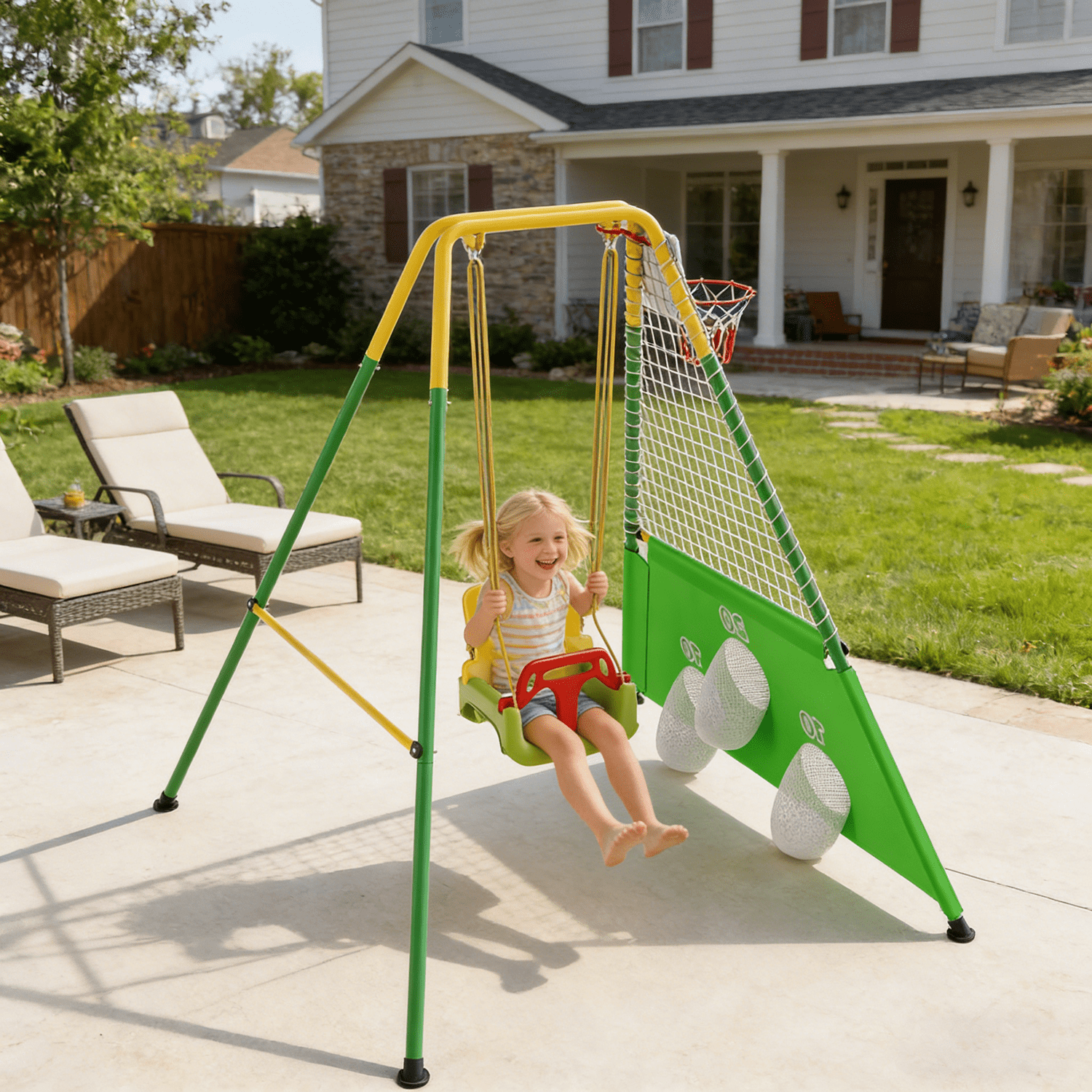 3-in-1 Toddler Swing Set with Basketball Hoop and Soccer Goals , Indoor/Outdoor Baby Swing with Foldable Metal Stand, Kids Swing Set for Backyard, Clear Instructions, Easy to Assemble & Store