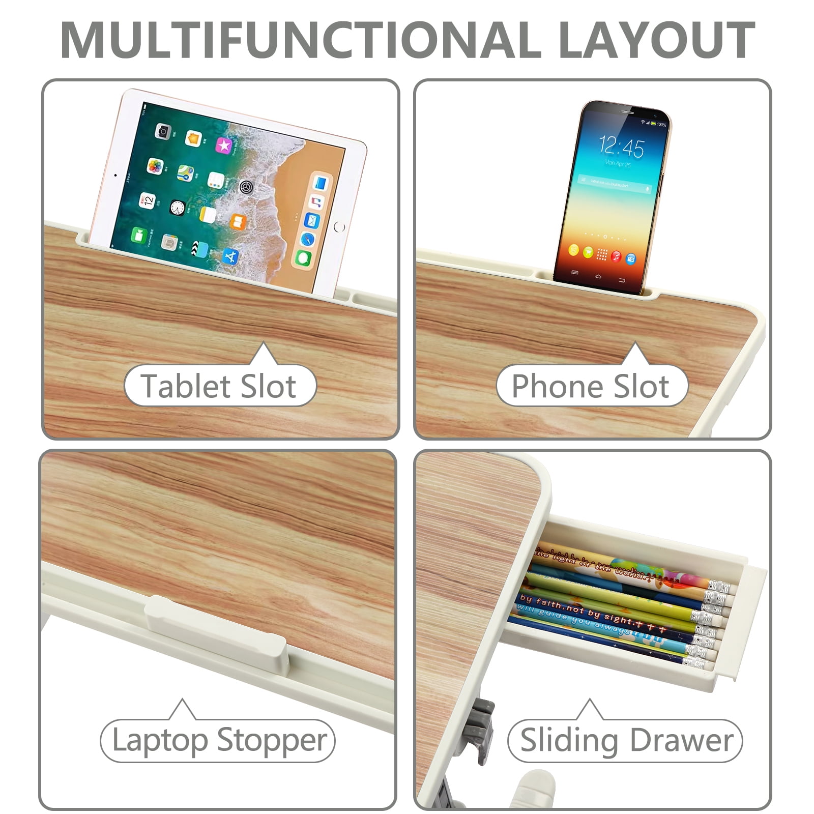 PHANCIR Height & Angle Adjustable Lap Desk, Laptop Stand Bed Tray, Foldable Laptop Desk with Storage Drawer, Walnut