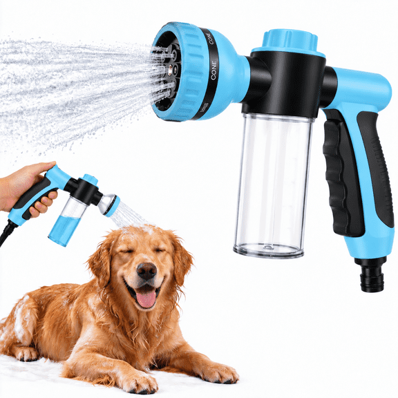 Dog Wash Hose Attachment, High Pressure Garden Hose Nozzle with 8 Spray Patterns, One-Touch Sprayer with Soap Dispenser Bottle for Pet Bathing, Watering, Car and Patio Cleaning