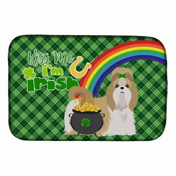 Gold and White Shih Tzu St. Patrick's Day Dish Drying Mat 14 in x 21 in