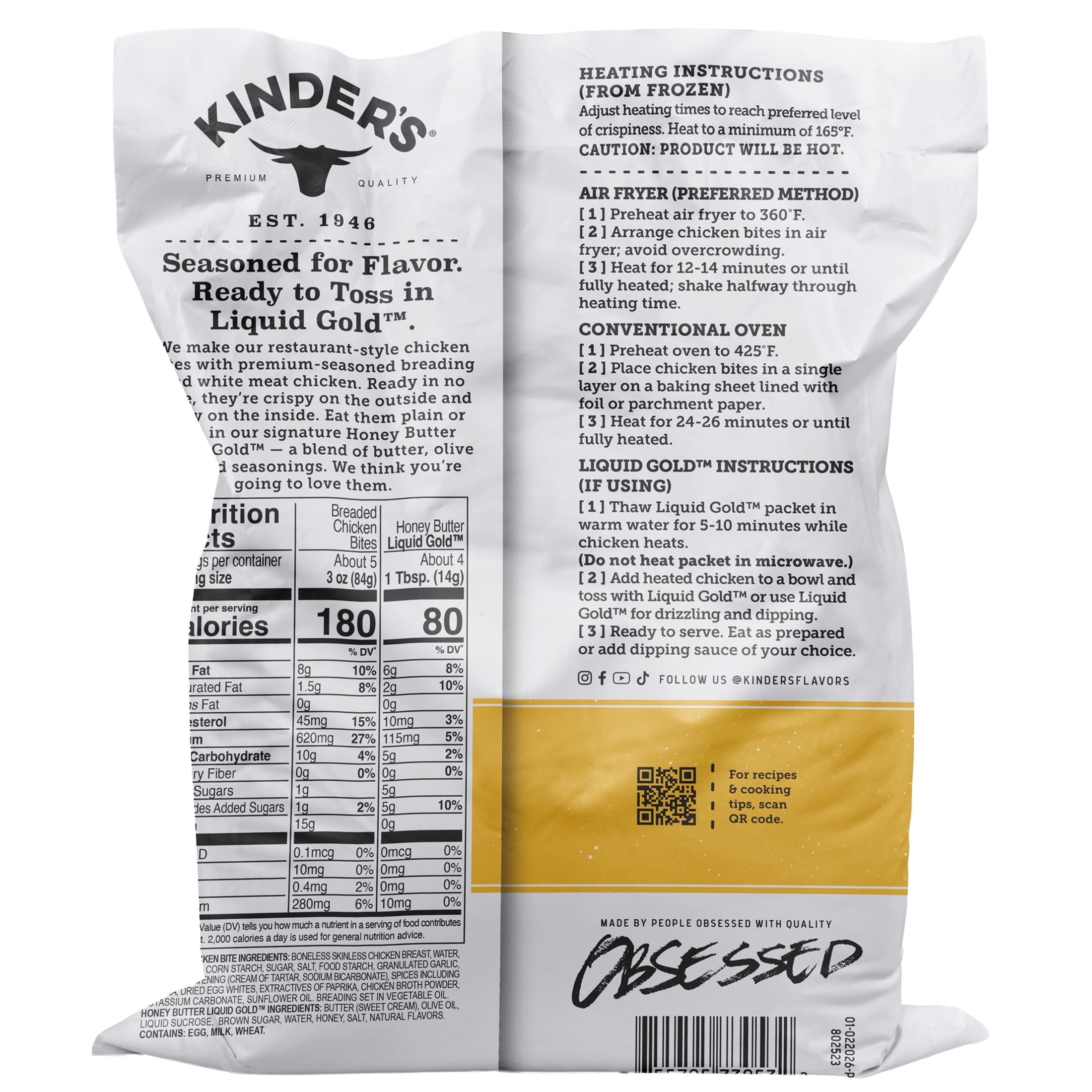 Kinder's Restaurant-Style Breaded Honey Butter Boneless Chicken Bites, 18 oz (Frozen)