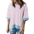 thumbnail image 2 of Pink Women's Short Sleeve T-shirt, Women'S Casual Round Neck Short Sleeved Striped Color Blocked Hem Off Shoulder Fashionable Pullover T Shirt,Women's Short sleeve T-shirt XXL, 2 of 4