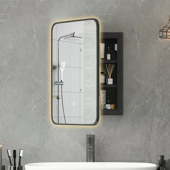 Recessed Bathroom Medicine Cabinet with Mirror, Lghted Medicine Cabinet with Black Metal Frame,Surface Mount Black Bathroom Cabinet 16x24 Inch