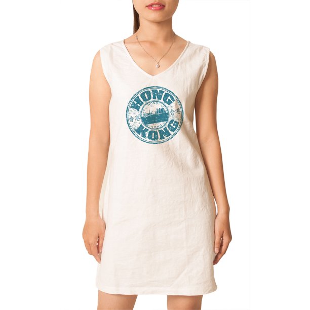 Stamp Of Hong Kong Printed Vintage Vneck Linen Mini Shift Dress WDS_02