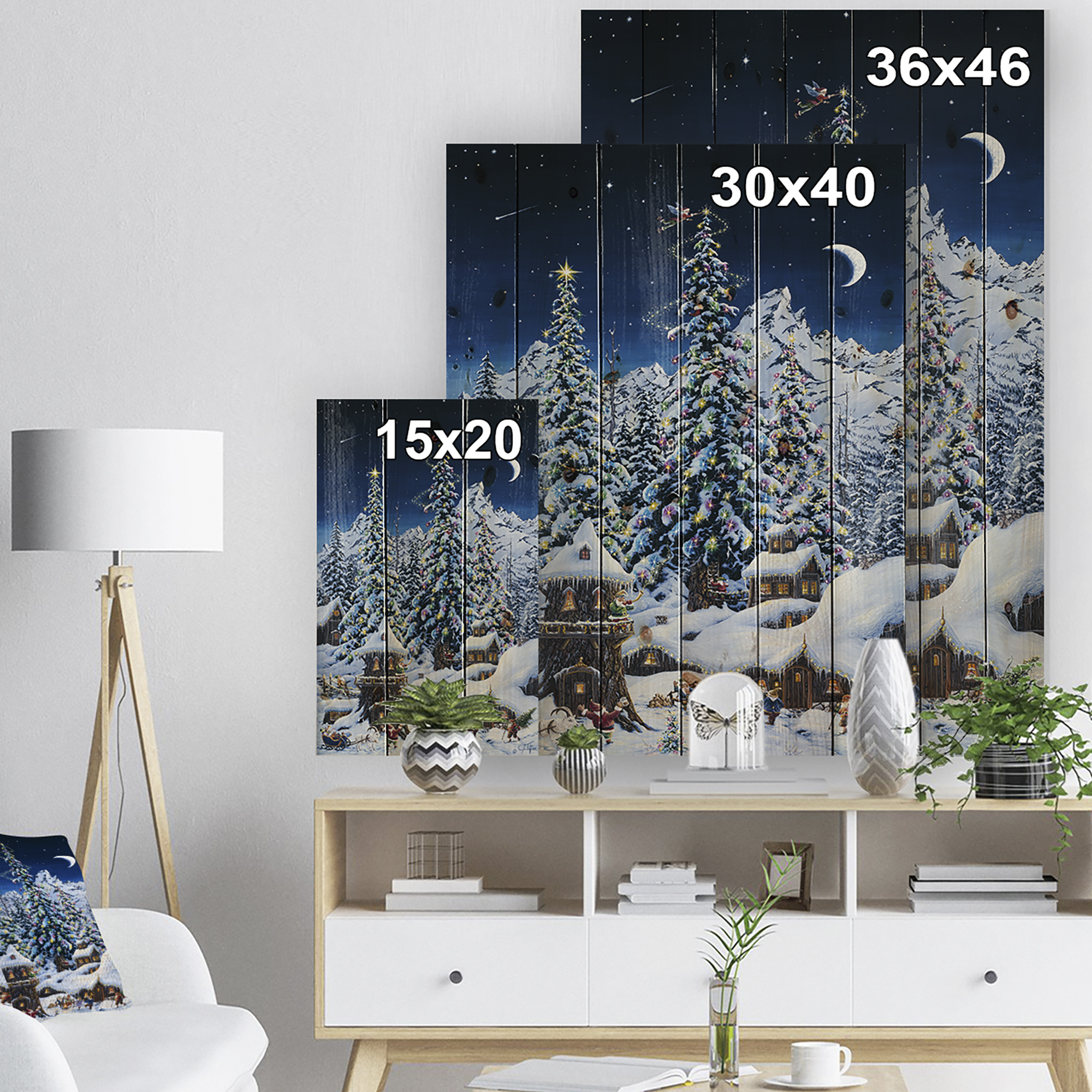 Designart 'Elf houses under large lighted Christmas trees' Print on Natural Pine Wood