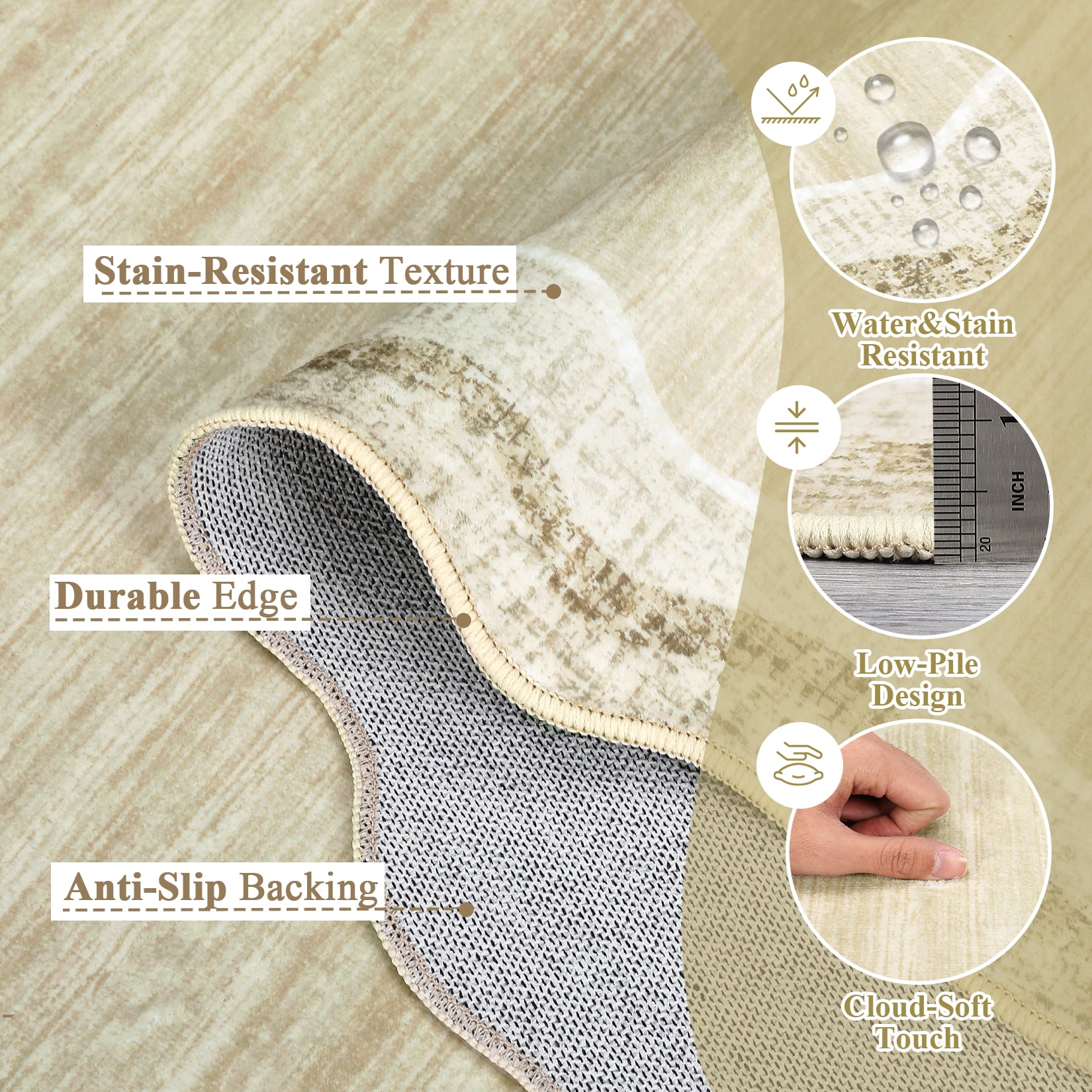 Hasoo Indoor Scalloped Area Rug for Hallway 2' x 6' Washable Modern Runner Mat with Non-Slip Backing, Cream