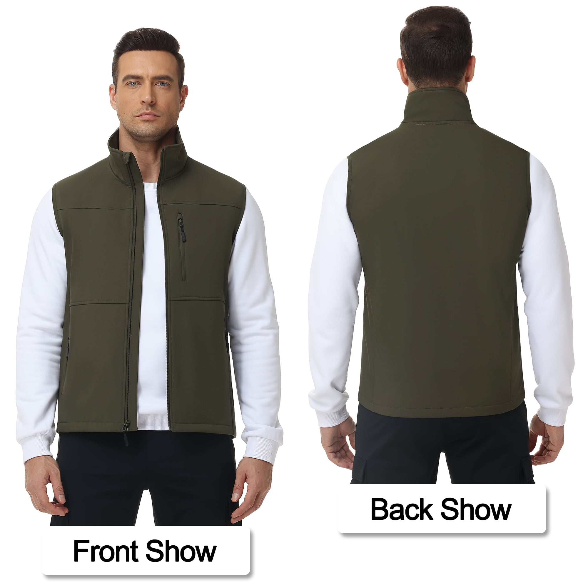 Satankud Mens Lightweight Softshell Vest Windproof Sleeveless Outerwear Zip Up Jacket Fleece Lined Waterproof Vest Outerwear for Running Hiking Travel Army-L