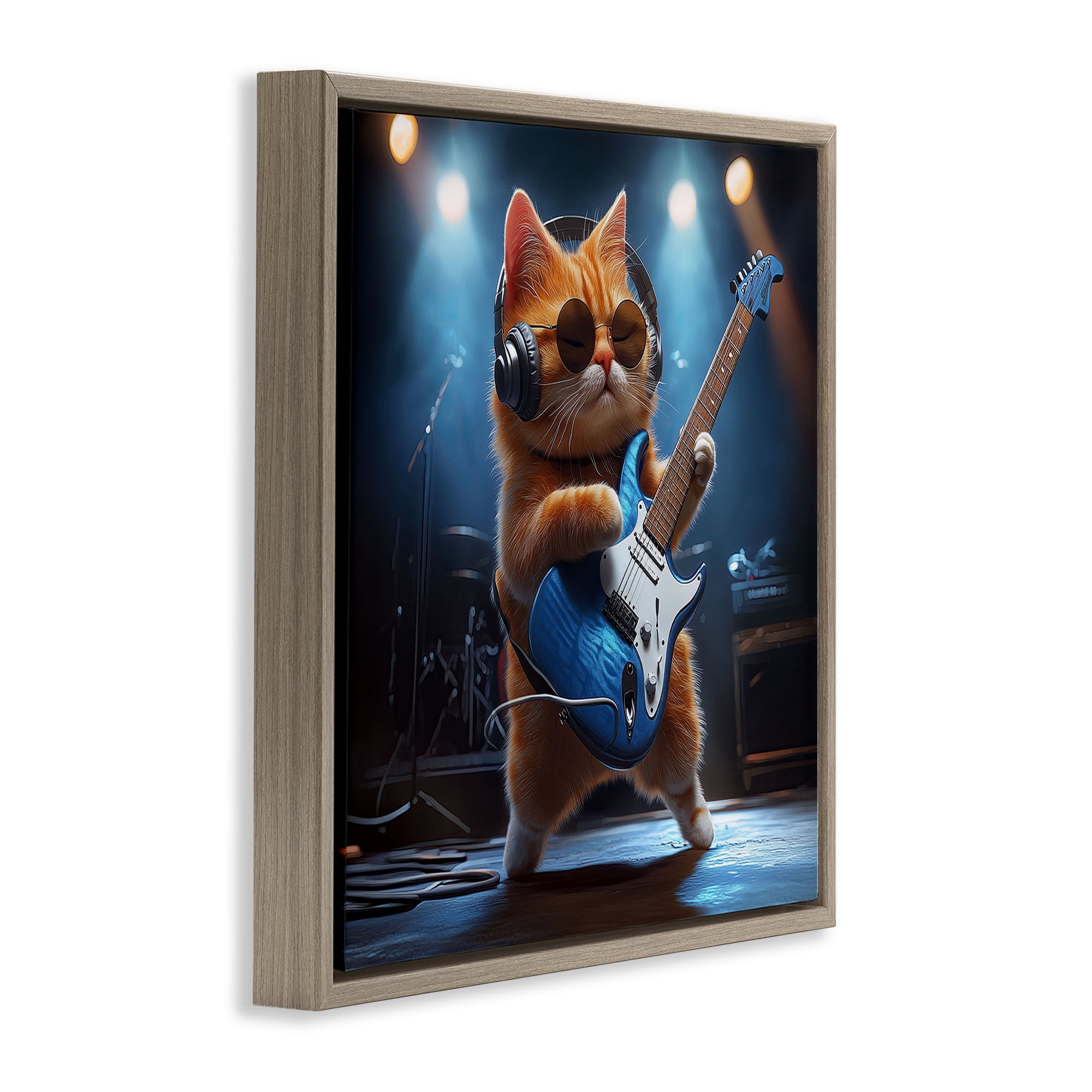 Cat Guitarist in Band Brown Framed Floater Canvas Wall Art, design by Jim Baldwin