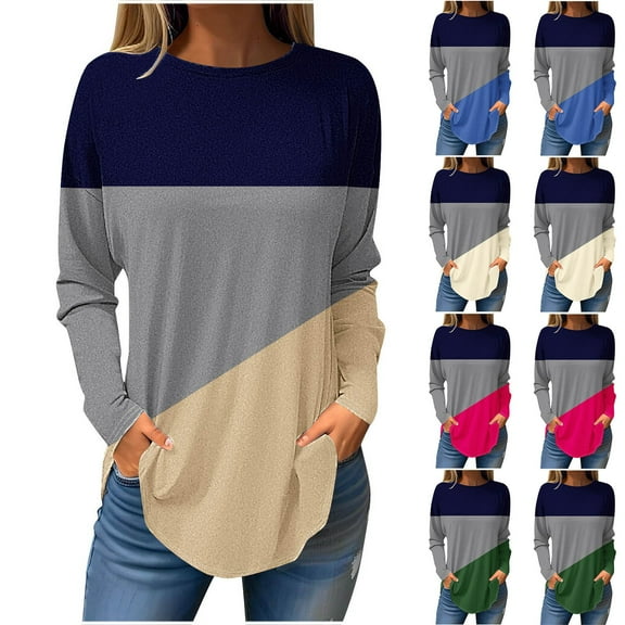 ATOYSOY Women's Retro Color Block Pullover Workout Crew Neck Sweatshirts Outwear Casual Shirts Long Sleeve Tees Fall Winter Fashion Loose Dressy Tops Beige L