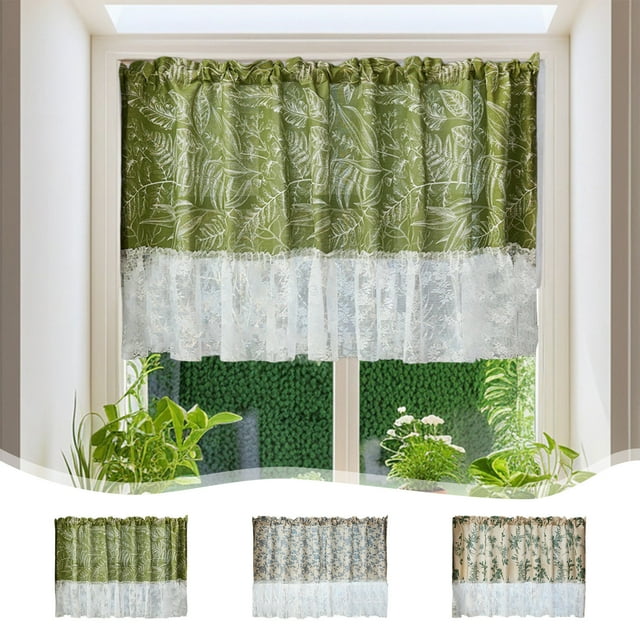 JASKFLY Polyester Curtains 1 Pack Floral Print Lace Edge Tiered
