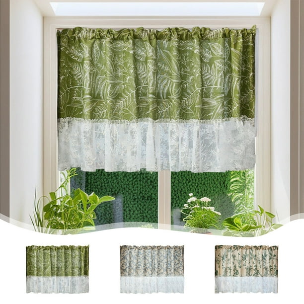 Cortinas con Estampado Floral para Cafeterías, con Borde de Encaje y Cenefas Escalonadas para Cocinas y Baños.