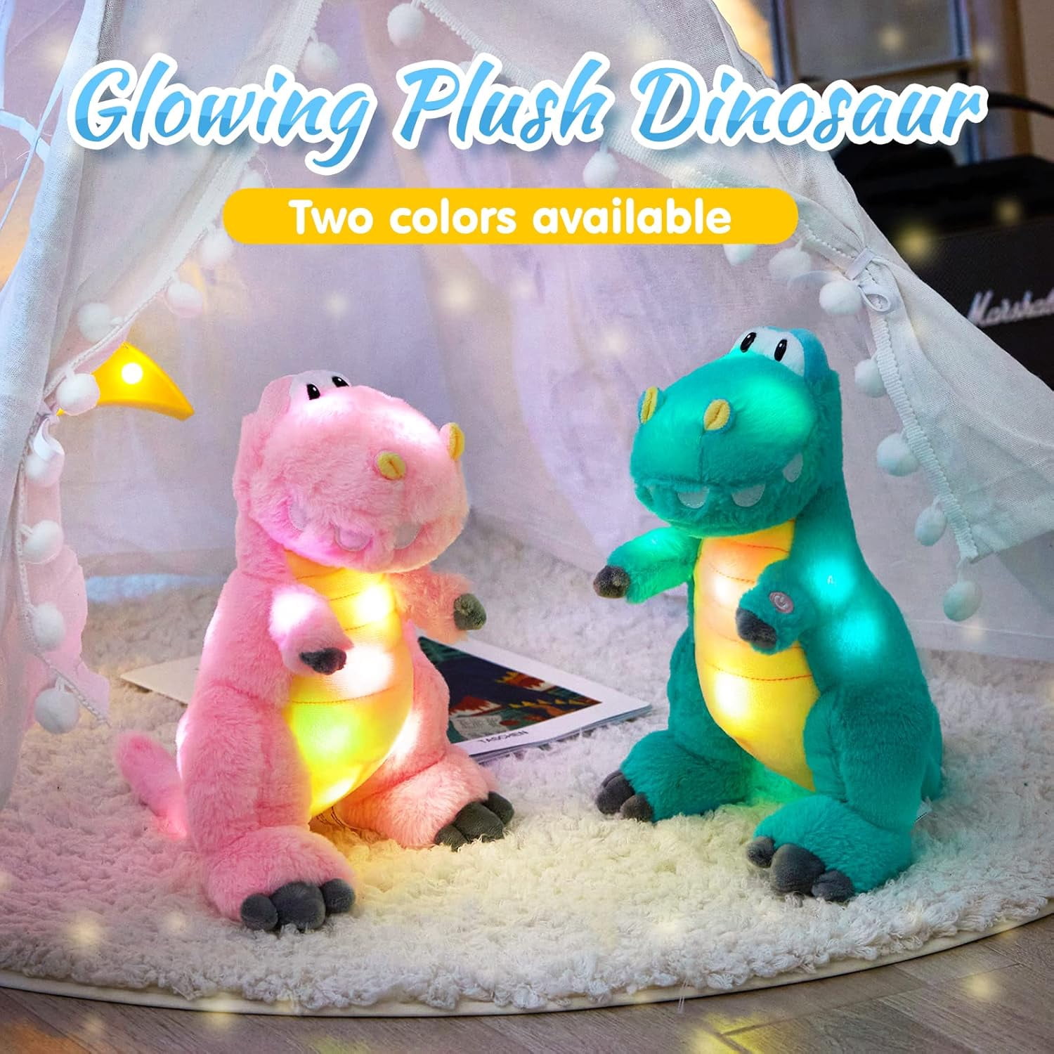 Houwsbaby 13'' Green LED Glowing Dinosaur T-Rex Light Up Stuffed Animal Night Light Plush Toy Hugging Soft Kawaii Gifts for Kids Boys Girls Decoration Holiday Birthday Present