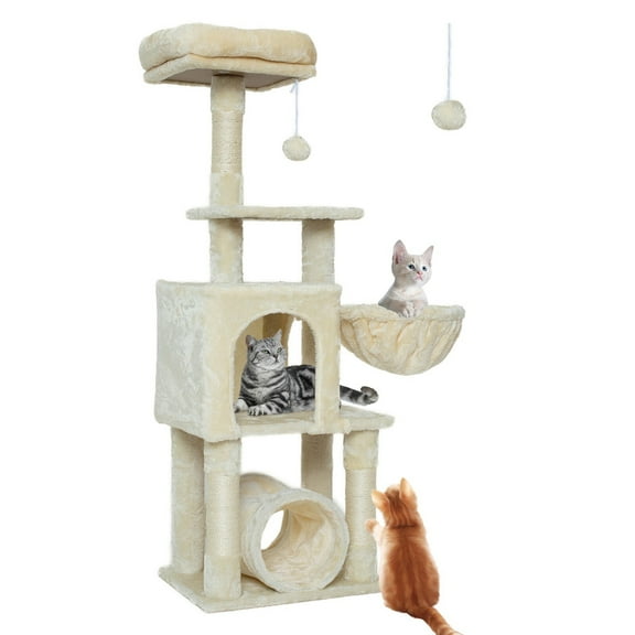 YANG2， 49in Cat Tower for Indoor Cats & Adults - Multi-Level Cat Tree with Scratching Posts, Cozy Basket, Enclosed Condo, Sturdy Cat Furniture for Climbing, Playing & Napping
