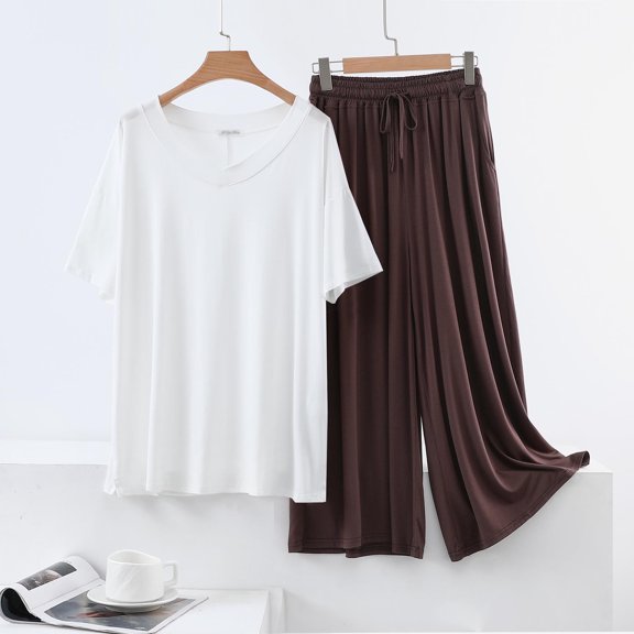 Busydd Womens Loungewear Set Casual Loose Comfy Solid Color Lounge Sets for Women 2 Piece Sets for Women V Neck Short Sleeve Tops and Baggy Pants L