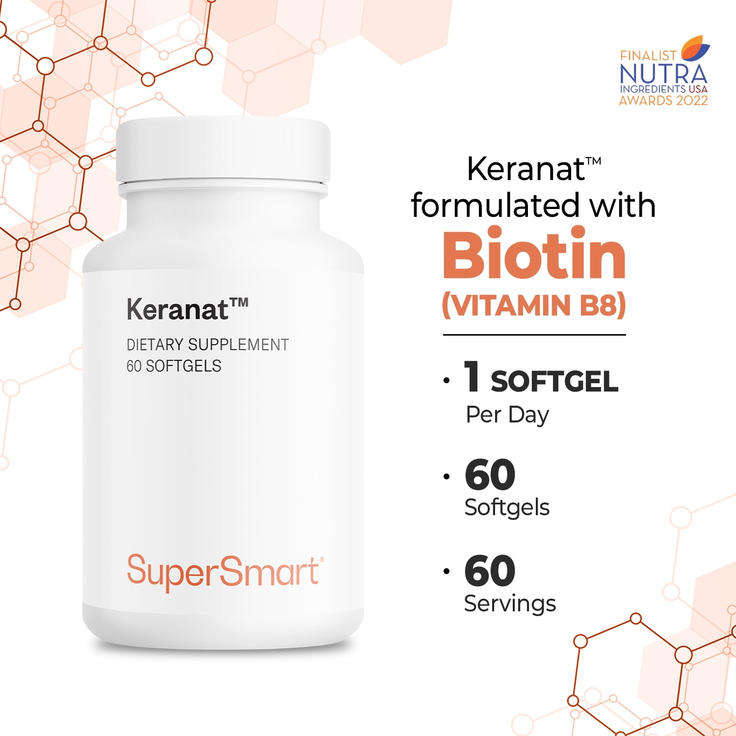 SuperSmart Keranat (Advanced Formula with Biotin) - Hair Supplement for Volume & Growth - Hair Loss Vitamins | Non-GMO & Gluten Free - 60 Softgels