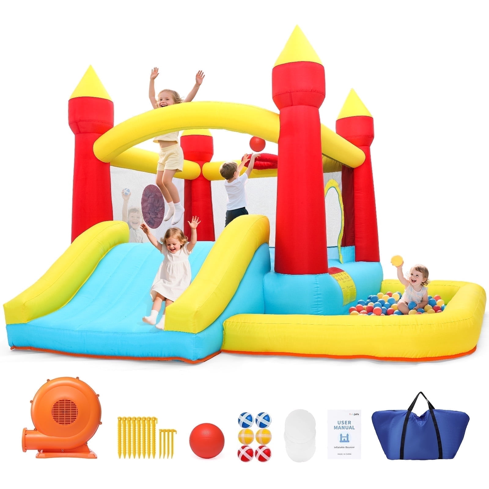 Toiyjofe Inflatable Bounce House with Slide & Ball Pit, Kids Bouncy Castle with Blower, Backyard Play Center for Kids 3-6, Indoor Outdoor Party Use