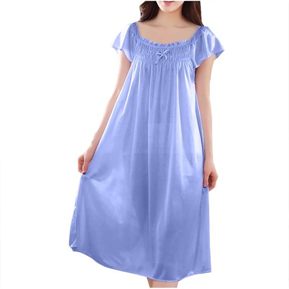 Yuanlook Women Square Neck Sleep Dress, Elastic Smocked Bust Satin Short Sleeve Nightgown Free Size