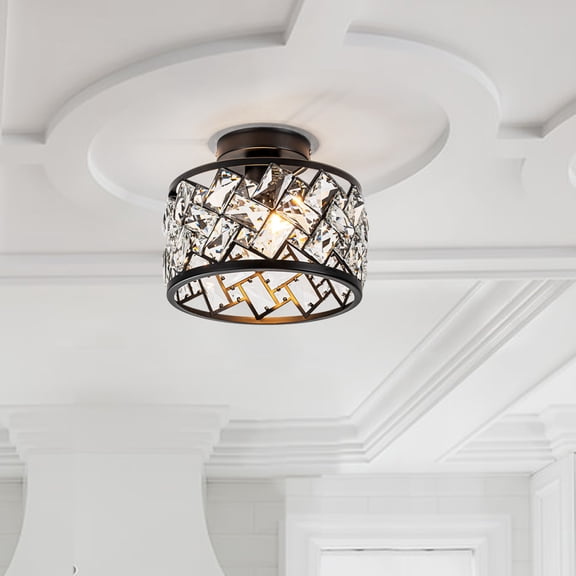 1-Light Semi Flush Mount Chandelier with Rectangle Glass Interwoven Shade - Modern Ceiling Light Fixture for Dining Room, Kitchen, Bedroom, Entryway