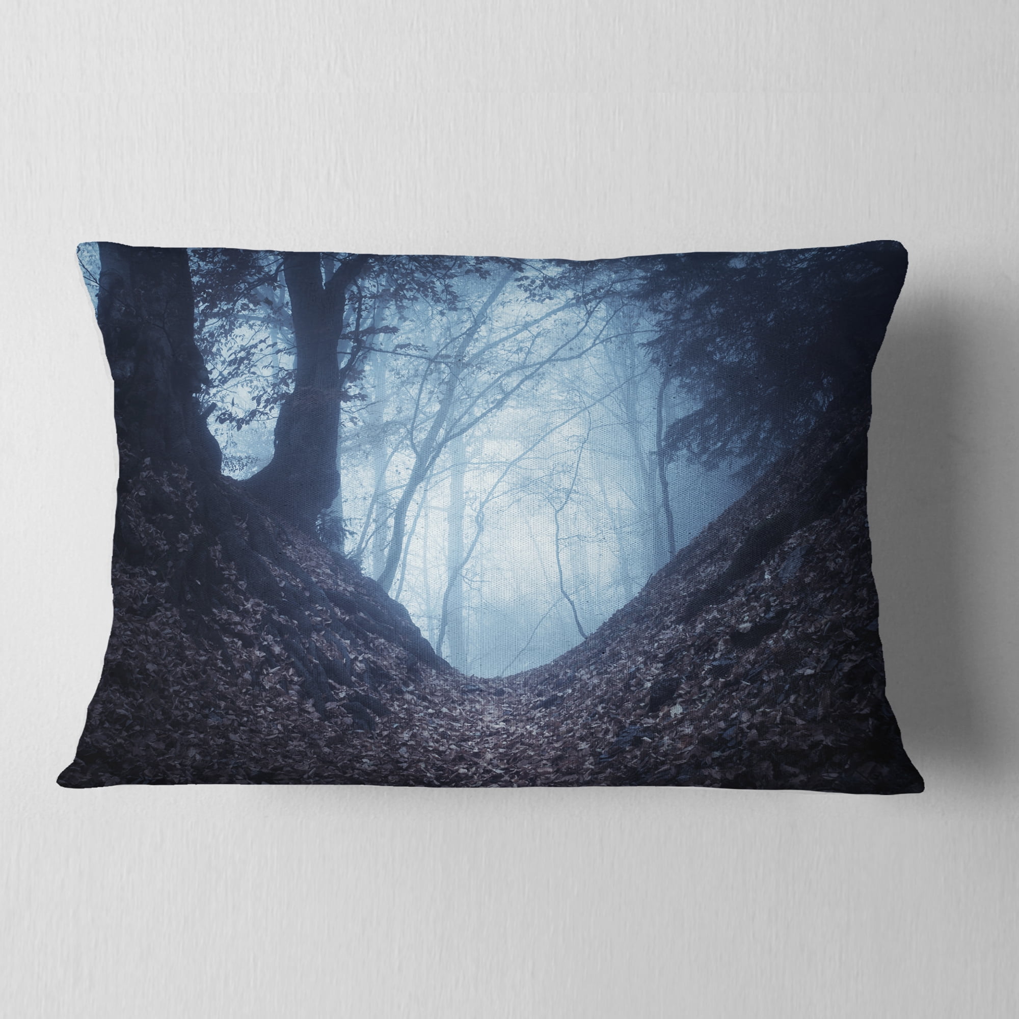 Designart Sunlight Hitting Foggy Forest - Landscape Photography Throw Pillow - 12x20
