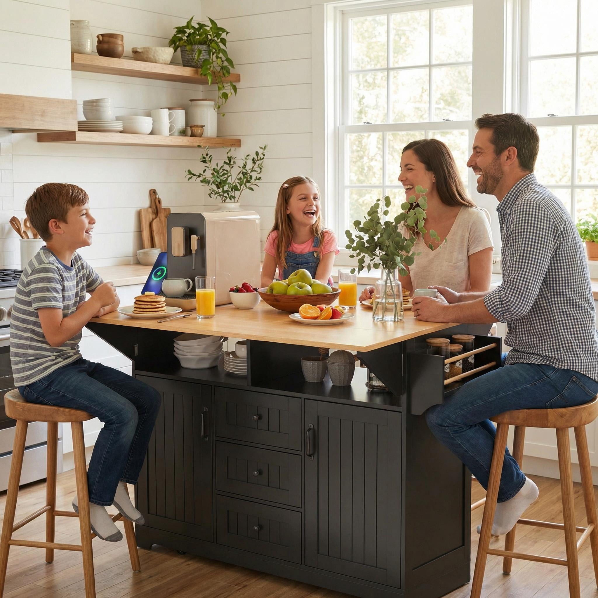 Homy Casa 55.7" Folding Kitchen Island with Power Outlet, Dual Drop Leaves and Storage Drawers