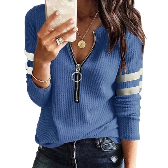 Blue Womens Tops Women's V Neck Shirts Long Sleeve Zipper Knit Loose Fitting Thermal Tunic Tops Going Out Tops for Women