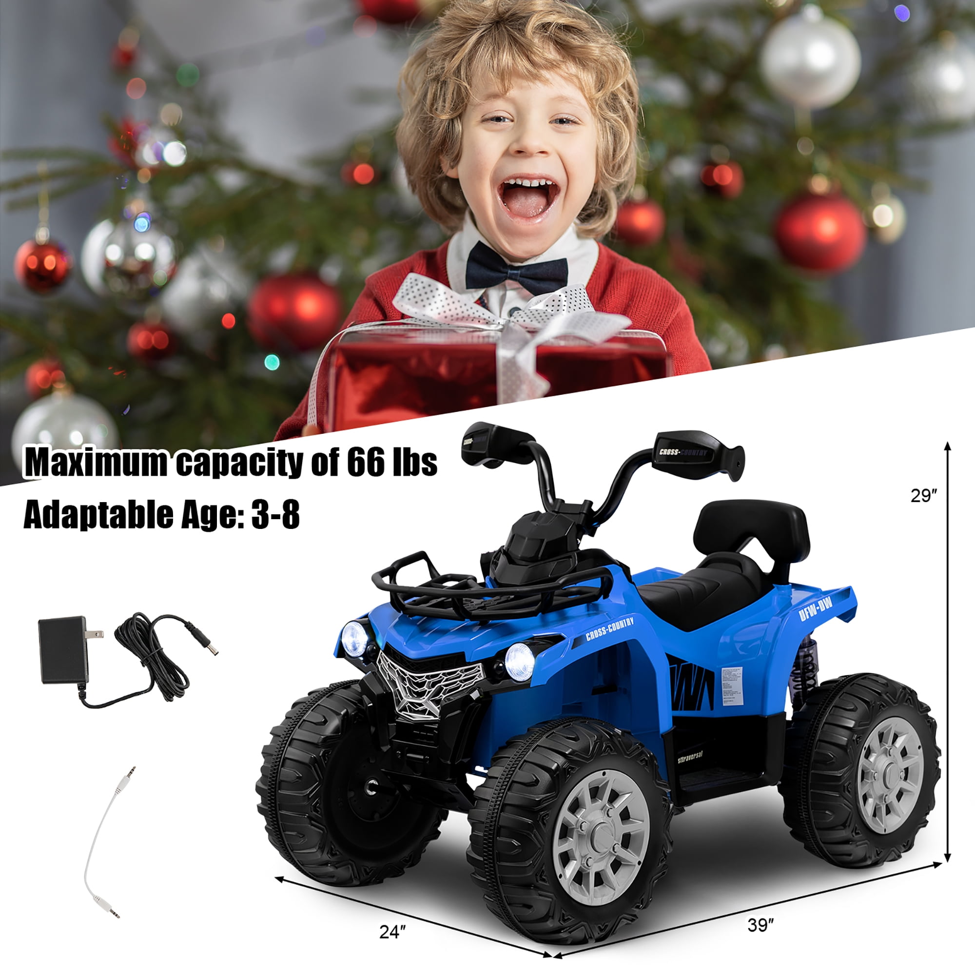 Costway 12V Kids Ride On ATV Electric 4-Wheeler Quad 2 Speeds with Mp3 & Headlights Blue