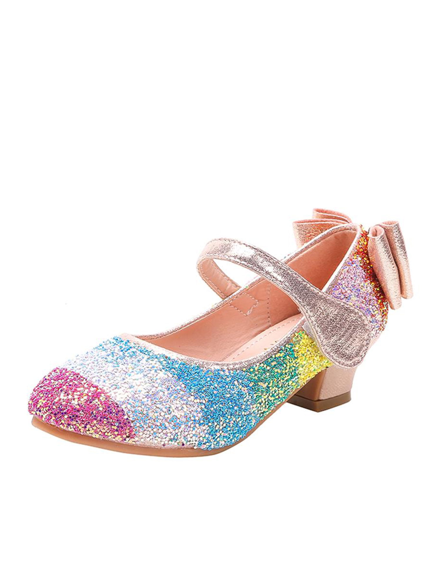 Girls Childrens Rainbow Silver Glitter Sparkly Party Mary Jane Shoes Low Heeled 