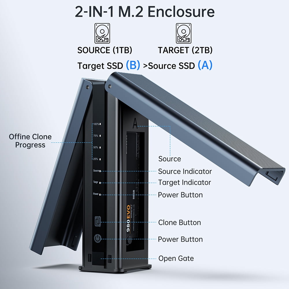 ACASIS NVMe  M.2 Enclosure Dual-Bay SSD Enclosure 10Gbps with Offline Cloning Type-C Interface