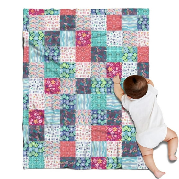 Blue Boho Pioneer Flower Patchwork Pattern Blanket,Comfortable Soft Flannel Throw Blanket,All Season,Warm Lightweight Blankets for Sofa Bed Couch Living Room Chair,30"x40"