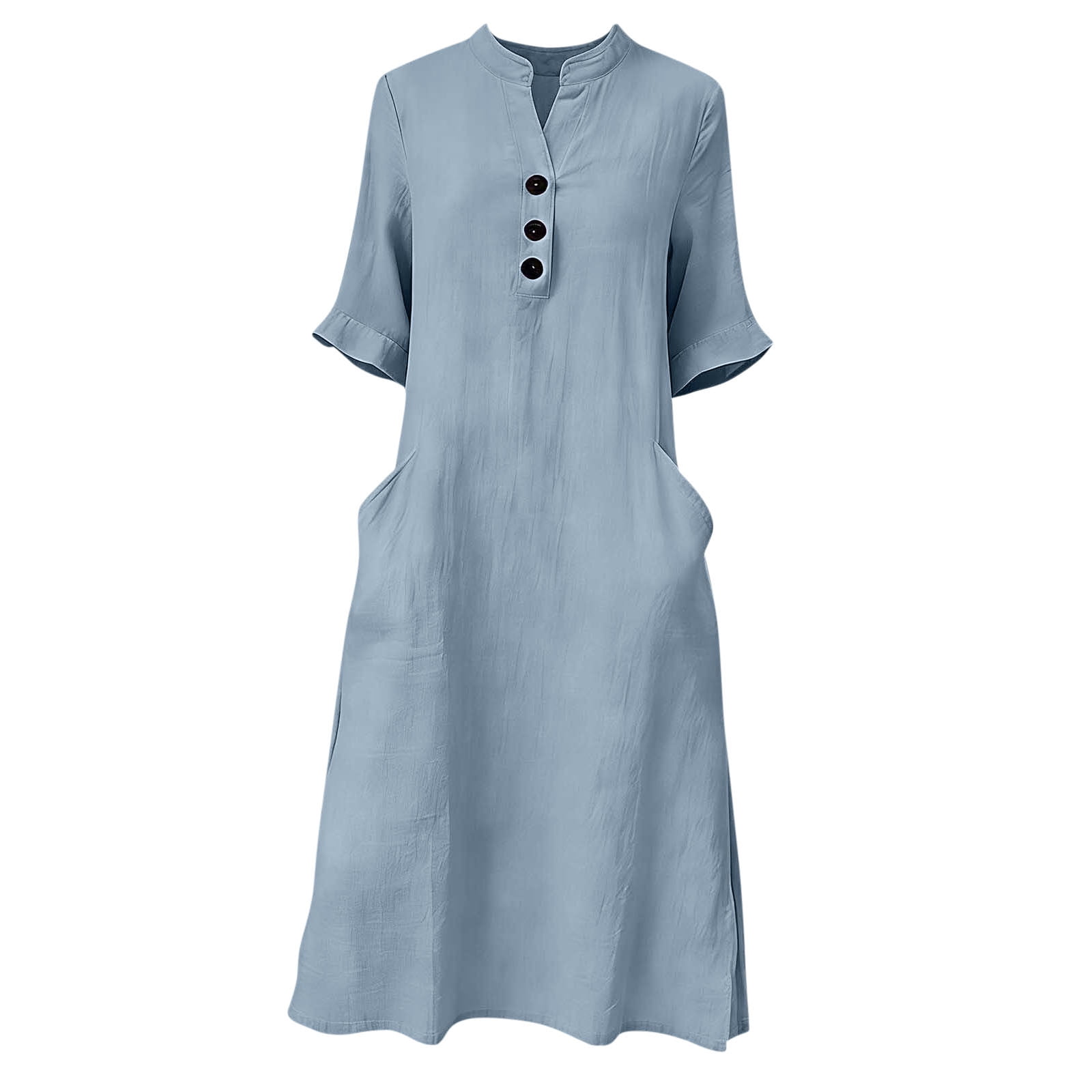 3/4 Sleeve Linen Midi Dress for Women Summer Loose Button Up Stand Collar A-Line Beach Vacation Dresses with Pockets