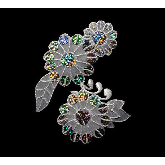 Altotux 3.25" X 2.25" White Organza Floral Silver Laser Iridescent Sequins Patch Applique By Piece