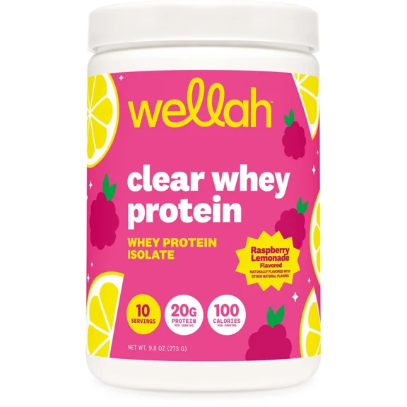 Wellah Clear Whey Protein Isolate Powder (Raspberry Lemonade) 10 Servings - 20g of Protein, 100 Calories, Sweetened with Stevia