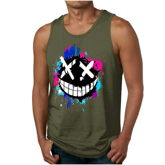 Dagegui Mens 3D Printed Tank Tops Funny Face Tooth Graphic Tees Plus Size Sleeveless Crewneck Shirts Casual Loose Party T-Shirts Army Green L