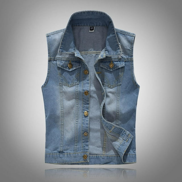 RKSTN Mens Denim Vests Retro Distressed Style Stylish Plus Size Solid Color Lapel Button Down Sleeveless Casual Versatile Slimming Jean Jacket Vest with Chest Pockets
