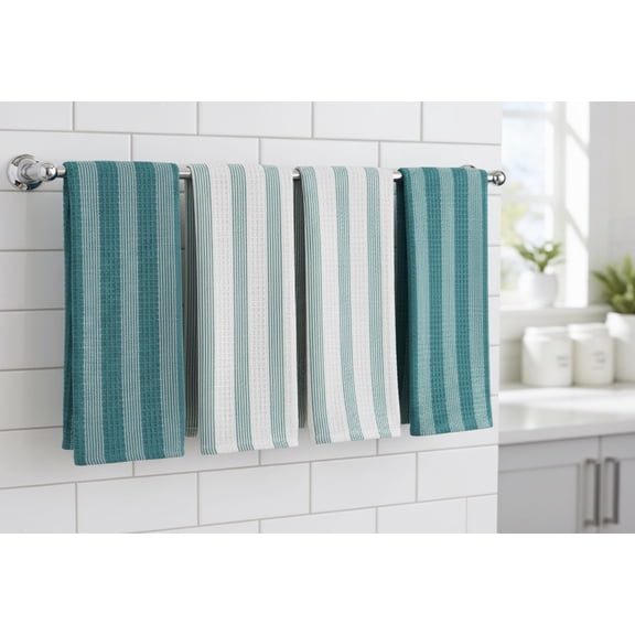 Serafina Home Collection Kitchen Towels Set Of 4 Two Blue Striped And Two Teal Striped 15" x 25"