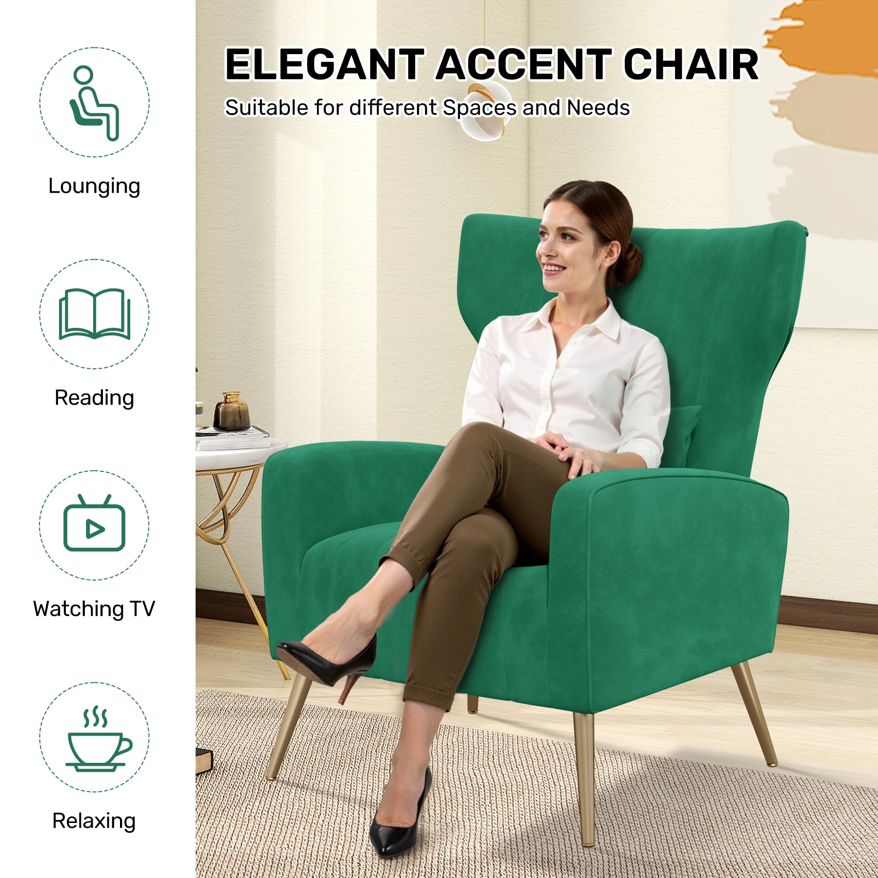 MOONMISS Velvet Accent Chair for Living Room, Modern Arm Chair with Pillow, Single Sofa Lounge Chair for Bedroom & Reading Room,Green