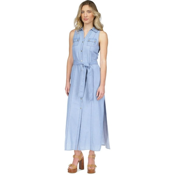 Michael Kors Womens Sleeveless Maxi Shirt Dress, Blue, Petite, PP/PXS
