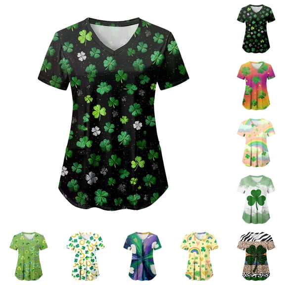 GEWSEY St. Patricks Day Scrub Tops for Women Irish Shamrock Holiday Shirts V Neck Short Sleeve Nursing Uniform with Pockets (Orange, L)