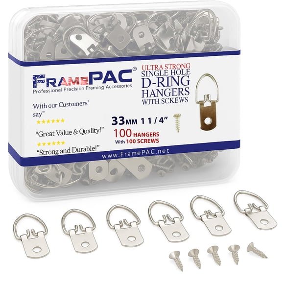 FramePac Perchas para cuadros con anilla en D de un solo orificio con tornillos [paquete de 100] – (también conocido como hardware para colgar cuadros, ganchos para colgar cuadros, ganchos para colgar