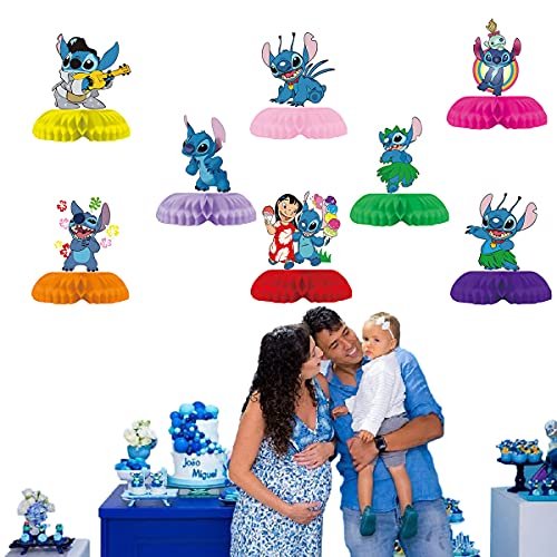 8pcs lilo y stitch party panal centro de mesa decoraciones de mesa lilo y stitch tema sumi ou guan ou guan Multicolor set de 8 centros de mesa con figuras de Stitch y Lilo sobre bases onduladas en colores amarillo, rosa, rojo, morado, naranja y verde; composición frontal sobre mesa de fiesta azul con detalles de celebración, adecuado también como decoración infantil para mesas pequeñas.