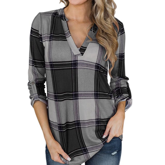 Plaid Camisas pullover V Masajeadores de cuello manga larga casual color bloque moda Plaid camisa túnica para las mujeres