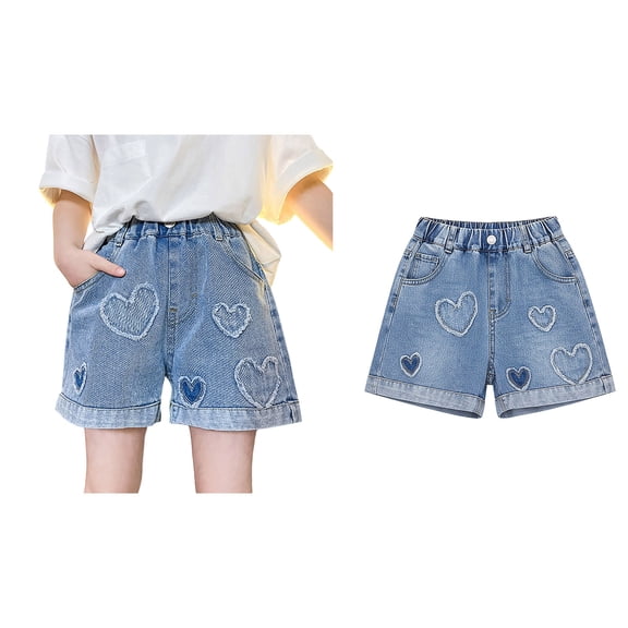 Girls Shorts Denim Elastic Waist Jeans Shorts Girls Heart Embroidered Denim Shorts with Pockets Girl Shorts Size 11-12 Years