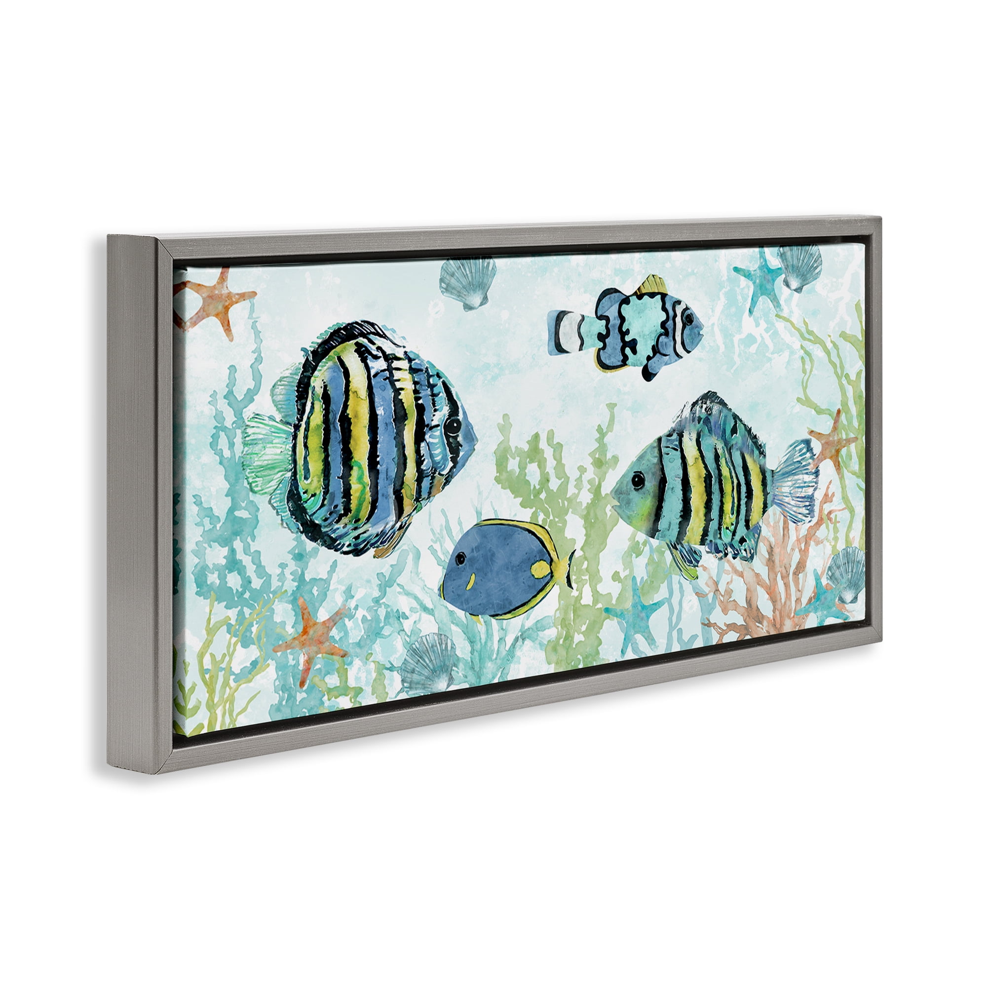 Stupell Industries Various Fish Underwater Animals Painting Gray Floater Framed Canvas Art Print Wall Art, 25 x 11