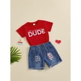 thumbnail image 3 of Bagilaanoe 2pcs Toddler Baby Boy Shorts Set Short Sleeve Letter Print T Shirt Tops + Denim Shorts 12M 18M 24M 3T 4T 5T Kids Casual Summer Clothes, 3 of 8