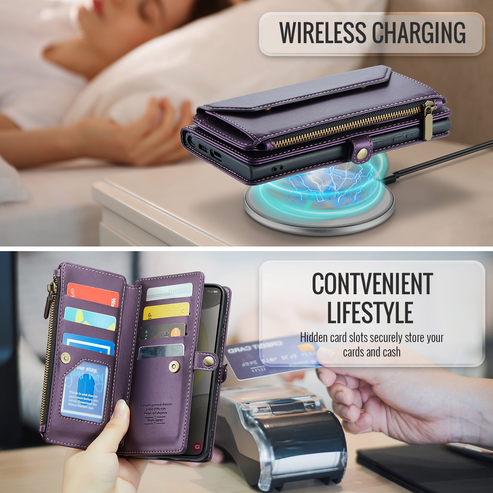 Asuwish Compatible with Samsung Galaxy S24 5G Zipper Wallet Phone Case Tempered Glass Screen Protector Crossbody Lanyard Strap Flip Card Holder Slot Cell Cover for S 24 24S G5 SM-S931U Women Purple
