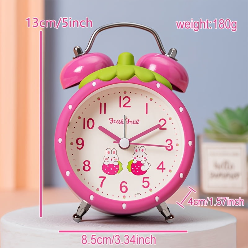Strawberry-shaped alarm clock | Modern 3.5-inch battery-powered silent alarm clock with dual bells and a night light, suitable for offices, homes, kitchens, bedrooms, and schools.