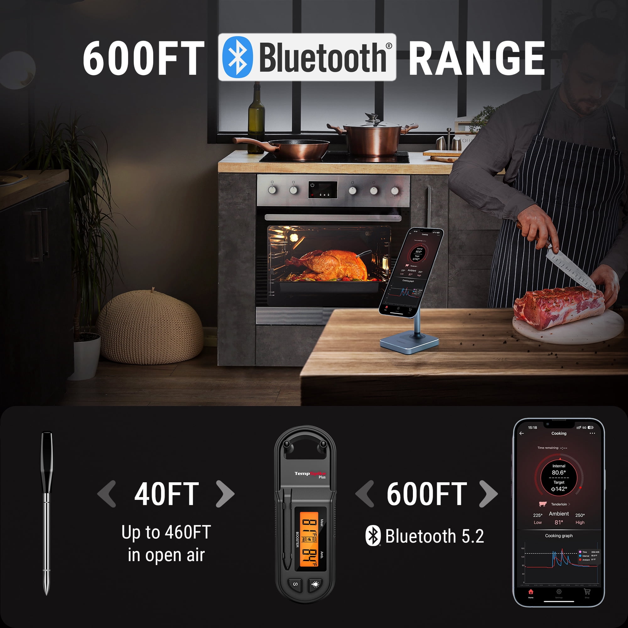 ThermoPro TempSpike Plus Wireless Meat Thermometer with Ultra Thin Probe, Smart Bluetooth Meat Thermometer for Grilling Smoking BBQ Android/iOS Compatible
